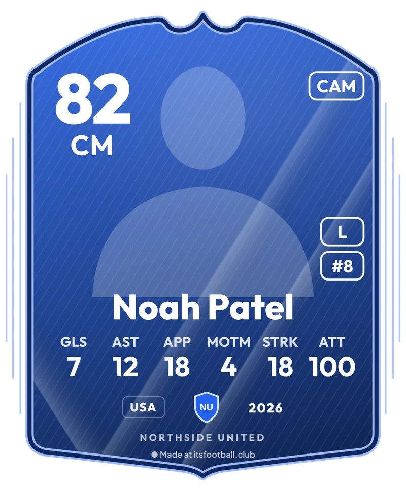 Blue club-colours soccer player card for Noah Patel, CM, rated 82, with goals, assists, games played and attendance, made with the free soccer player card maker